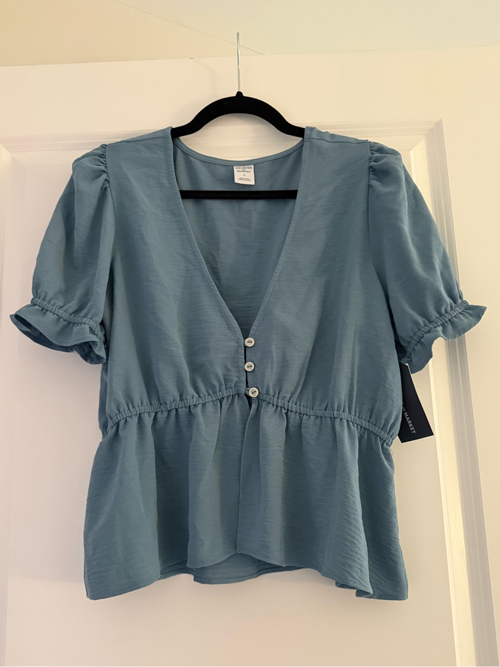 Melrose And Market Puff-Sleeve V-Neck Peplum Top - Dusty Blue